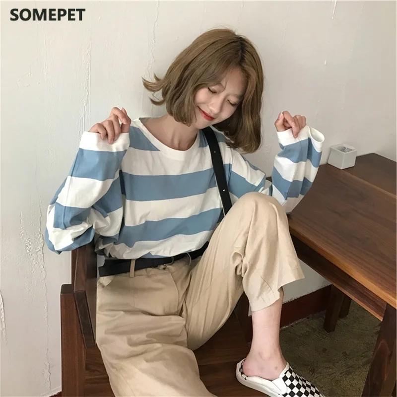 

korean oversized stripe t shirt harajuku women long sleeve t-shirts autumn kawaii pink blue black basic tee casual tops