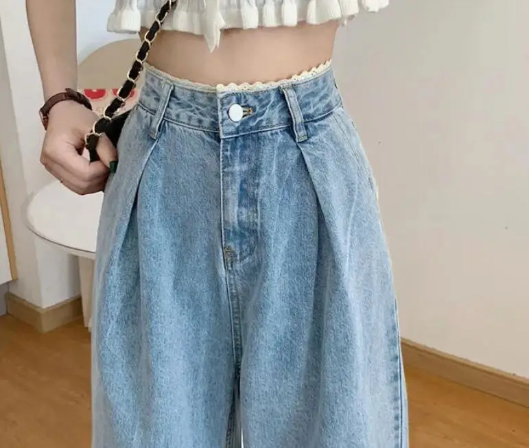 

Women High Waist Jeans Lace-edged 2021 Wide Leg Loose Pants Aesthetic Straight Slim Denim Trousers Baggy Femme w1250