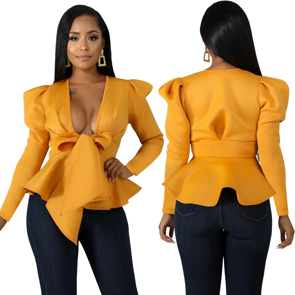 

Ruffles Lace-up Short Lady's Puffy Sleeve Bow Real Sample Women Sexy Deep V-neck Club mwear Coats Cardigan Spring / Autumn