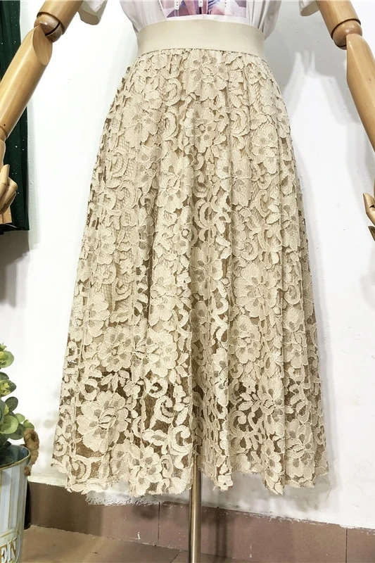 

Spring Apricot Hollow Hook Flower Lace Skirt Women'S Winter Mid-Length High-Waist Umbrella Skirt Draping A-Line Puffy Skirt