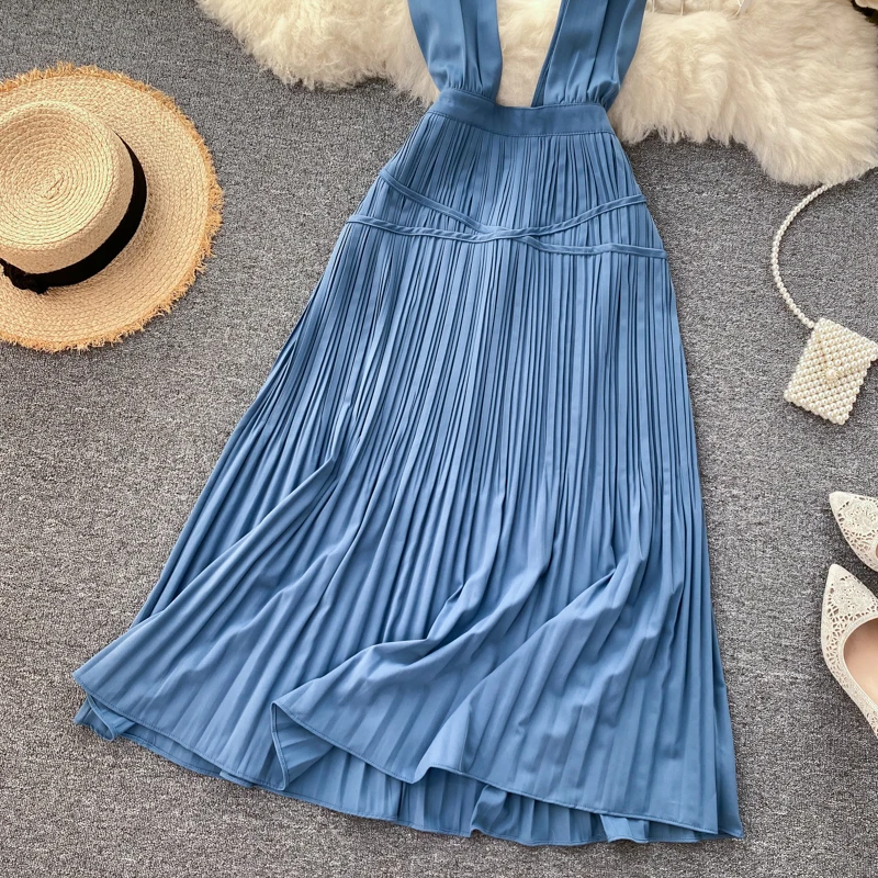 Платье SINGRAIN женское Плиссированное на бретельках Длинное Элегантное однотонное