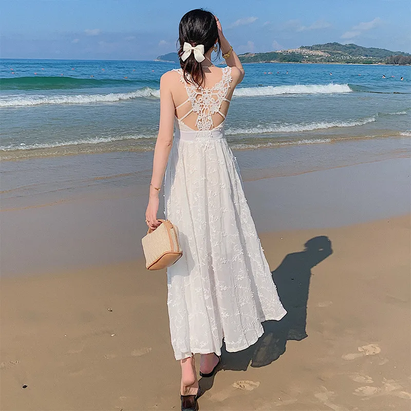 

2021 Fashion Runway Women White Long Dress Summer Elegant Boho Tropical Backless Party Night Beach Vacation Maxi Dresses