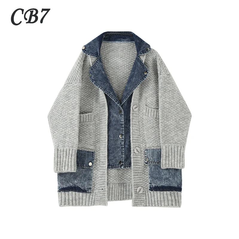 

Женский вязаный кардиган, винтажный осенний корейский джинсовый строченный свитер из двух частей, Женская Длинная свободная рубашка, 2021