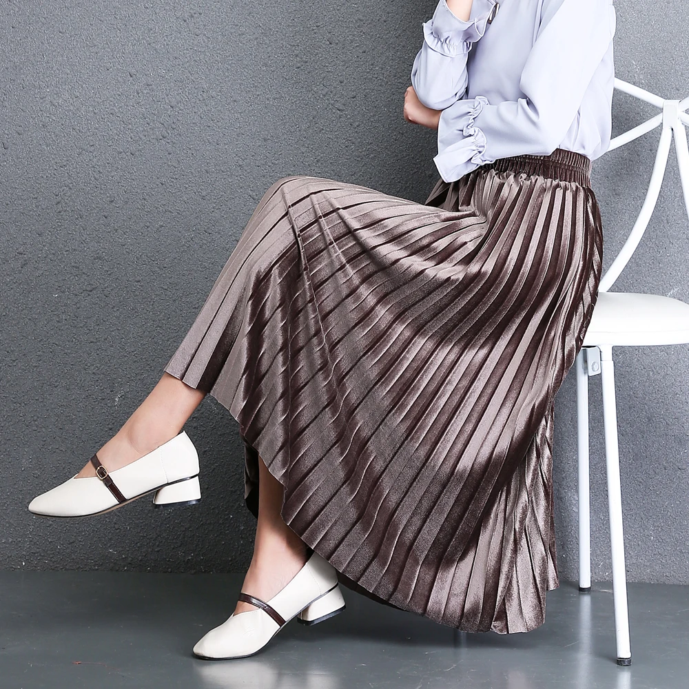 Плиссированная юбка из золотого бархата на осень и зиму для женщин с высокой