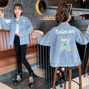 2022 Trendy Spring Children's Clothing Girls Fashion Cute Denim Jacket Cartoon Sequins Bear Coat Long Sleeve Casual Tops