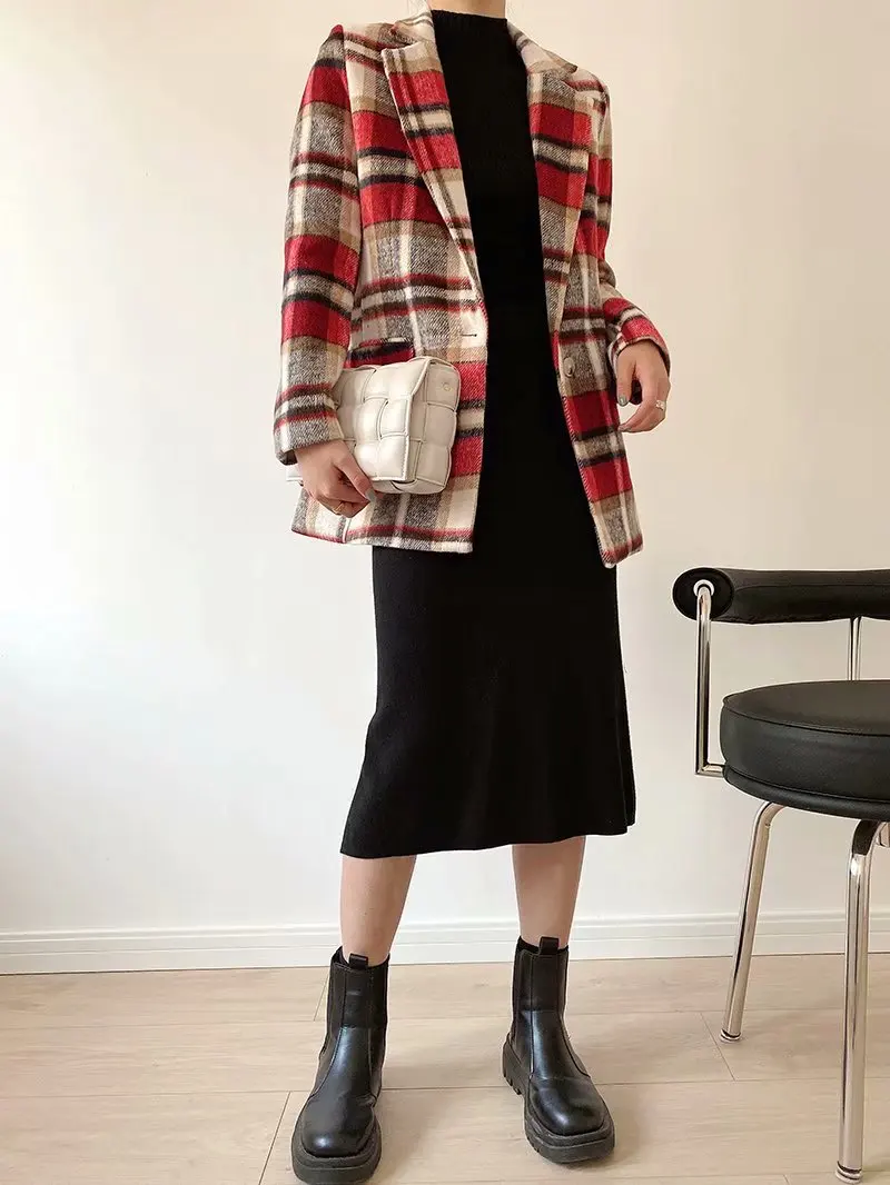 

TMODA352 Za Women Winter England Style Plaid Woolen Blazer Coat Vintage Long Sleeve Female Outerwear Chic Tops Jackets for Women