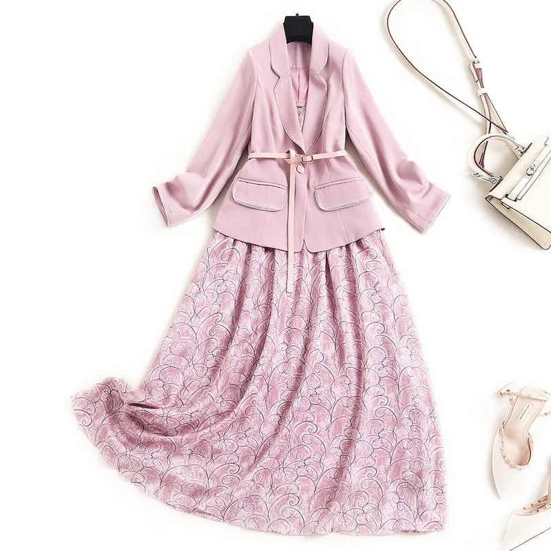 

2021 Spring Fashion High End Pink Blazer Suit Women Office With Belt And Chiffon Suspender Dress 2 Piece Set