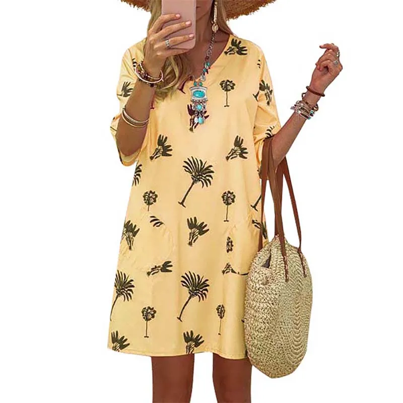 

Summer Dress For Women Clothing 2021 Boho Plants Print V Neck Half Sleeve Casual Dress Streetwear Loose Oversized Dress Vestidos