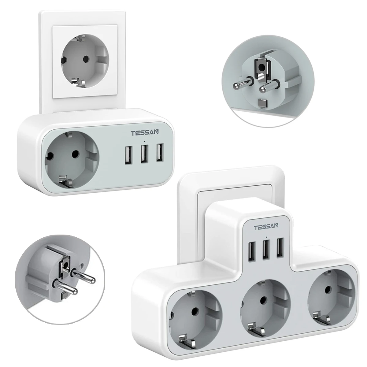 

TESSAN All in 1 Travel USB Adapter, with 1/3 AC Outlet & 3 USB Charging Ports, EU Plug Wall Socket Power Strip for Home, Office