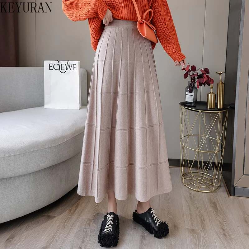 

Knitted Long Skirt Women 2021 Autumn Winter Thick Warm Korean Fashion Solid High Waist A Line Pleated Midi Skirt Female Brown