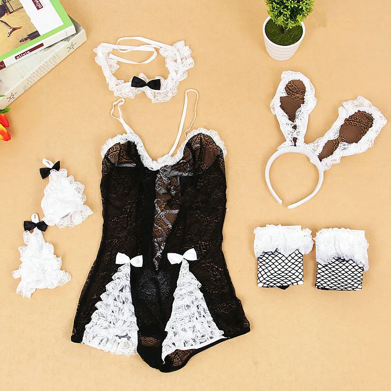 Кружевной прозрачный костюм кролика включает в себя чулки интимные товары