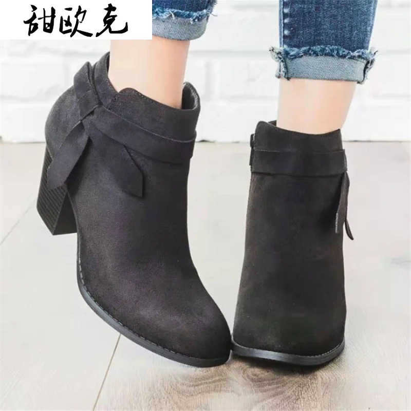 Женские ботинки с острым носком ботильоны на высоком квадратном каблуке молнии в