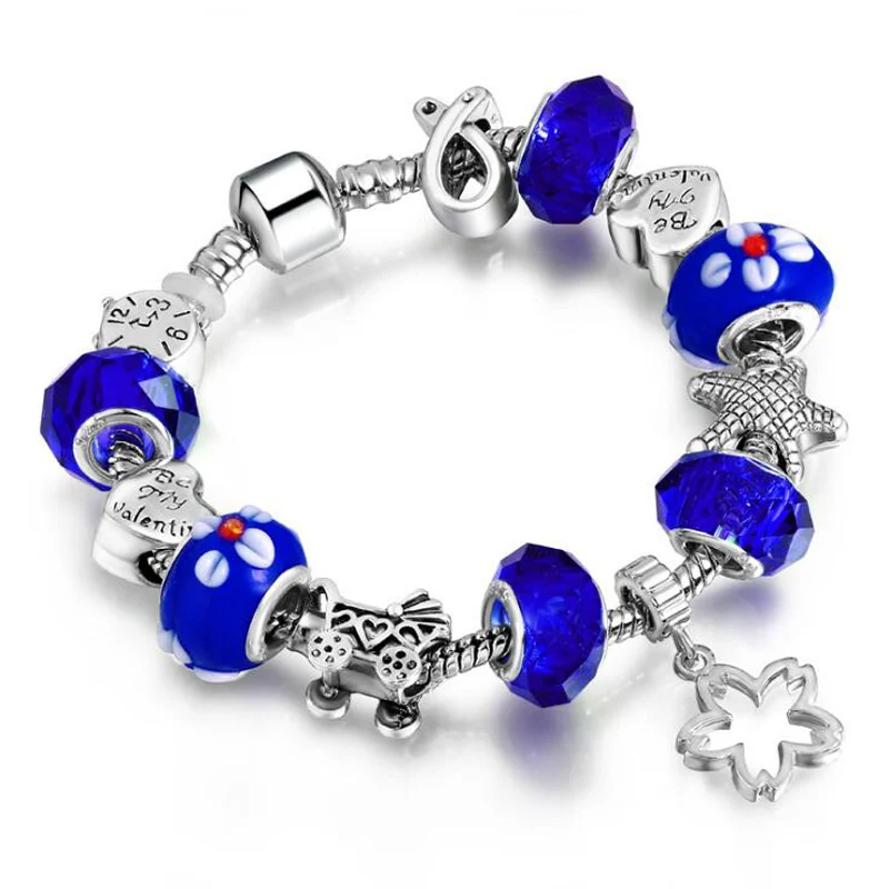 Royal Blue YANHUI DIY Стиль цветок Шарм браслет для женщин стеклянные бусины из хрусталя мяч бренд браслет для женщин Свадебные украшения подарок - Окраска металла: Royal Blue