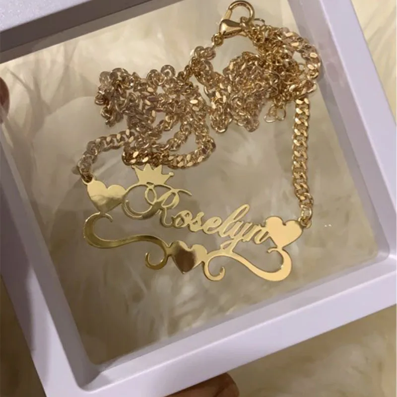 Personalized Crown Custom Name Necklaces For Women Gold Silver Color Stainless Steel Chain Heart Ribbon Pendant Choker Jewelry custom heart ribbon nameplate necklace stainless steel gold chain personalized name choker necklaces for women boho jewelry gift