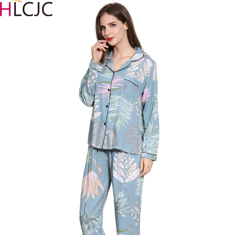 Женские брюки с длинным рукавом пижама отложным воротником и принтом из вискозы