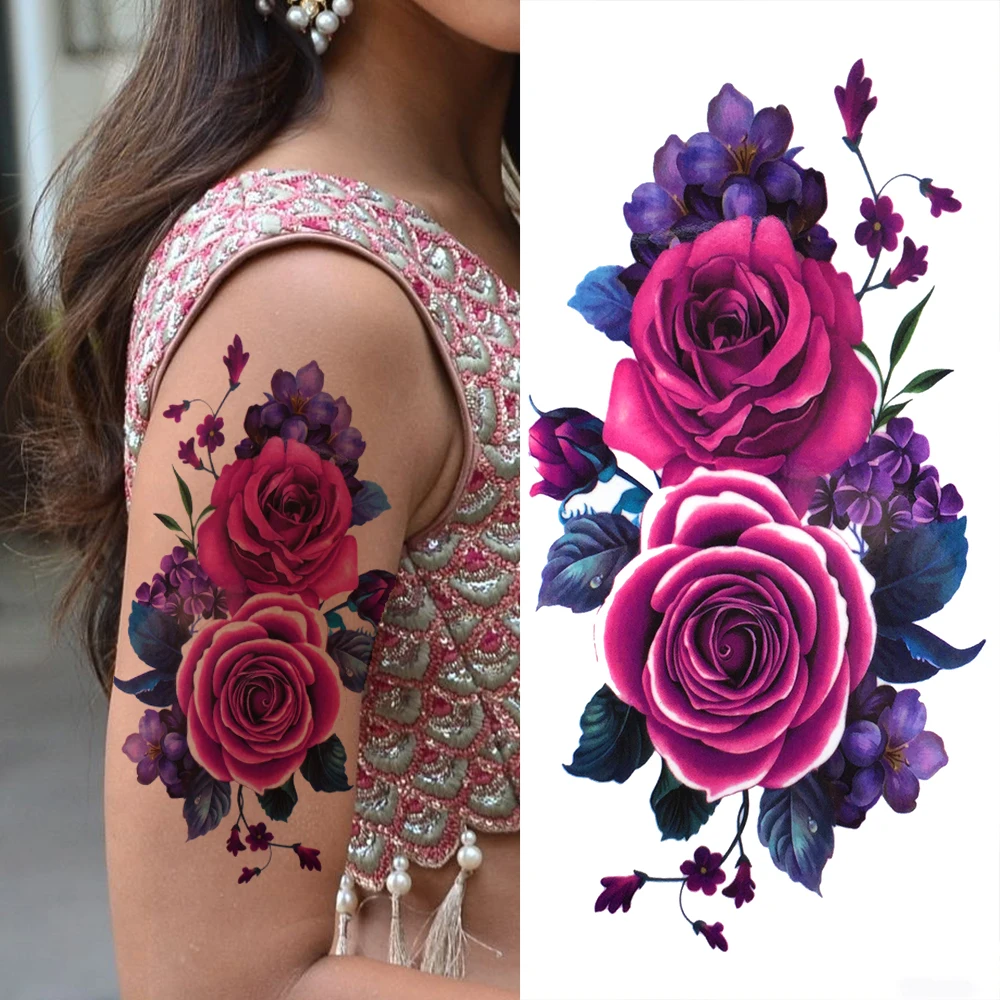 Blue Flower Temporary Tattoos For Women Girls Fake Peony Orchid Rose Tattoo Sticker Forearm Decoration Tatoo Paper Vine Planet images - 6