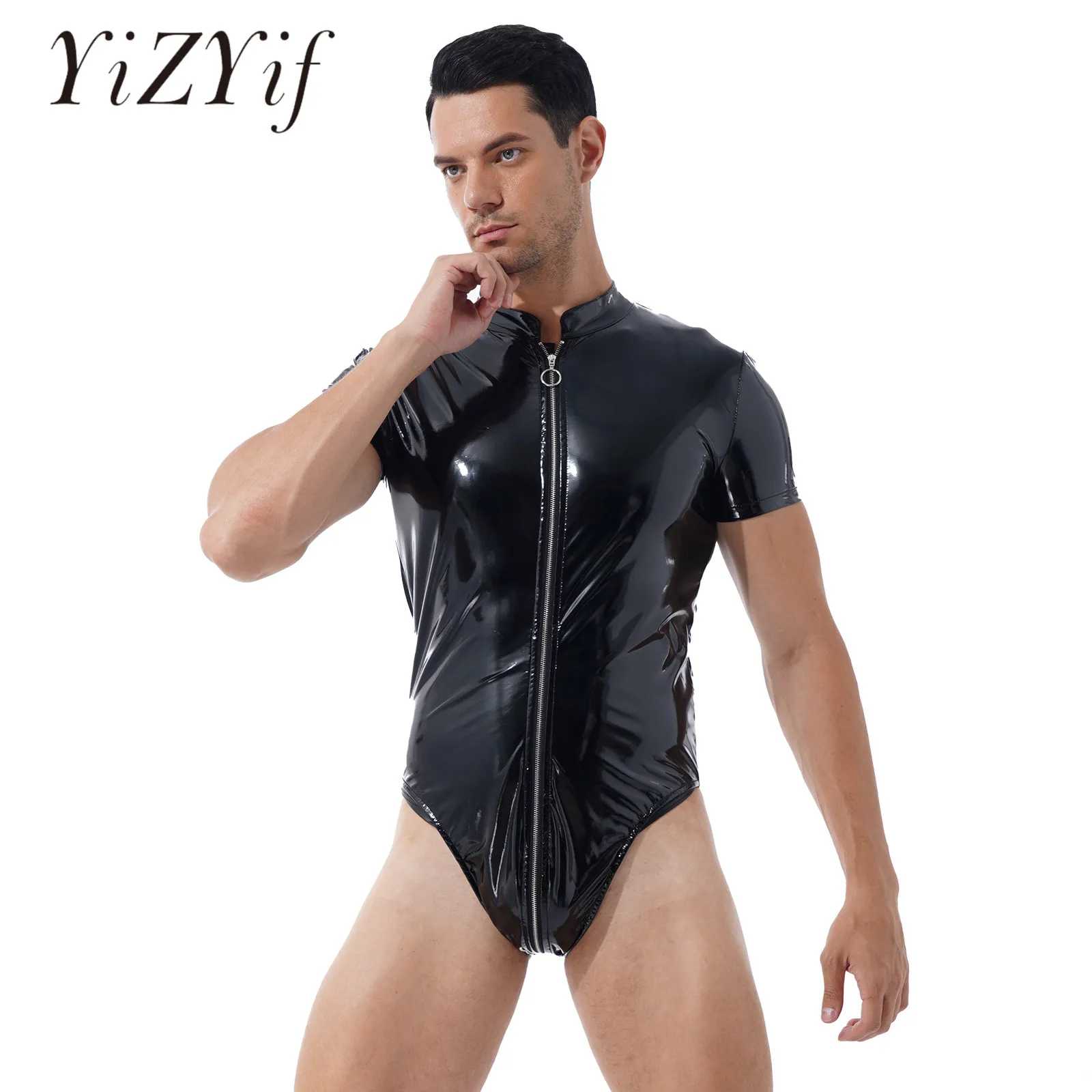 

Mens Sexy Lingerie Bodysuit Mock Neck Wet Look Patent Leather Zipper Crotch Leotard Clubwear Sexy Jumpsuit Erotic Lingeries