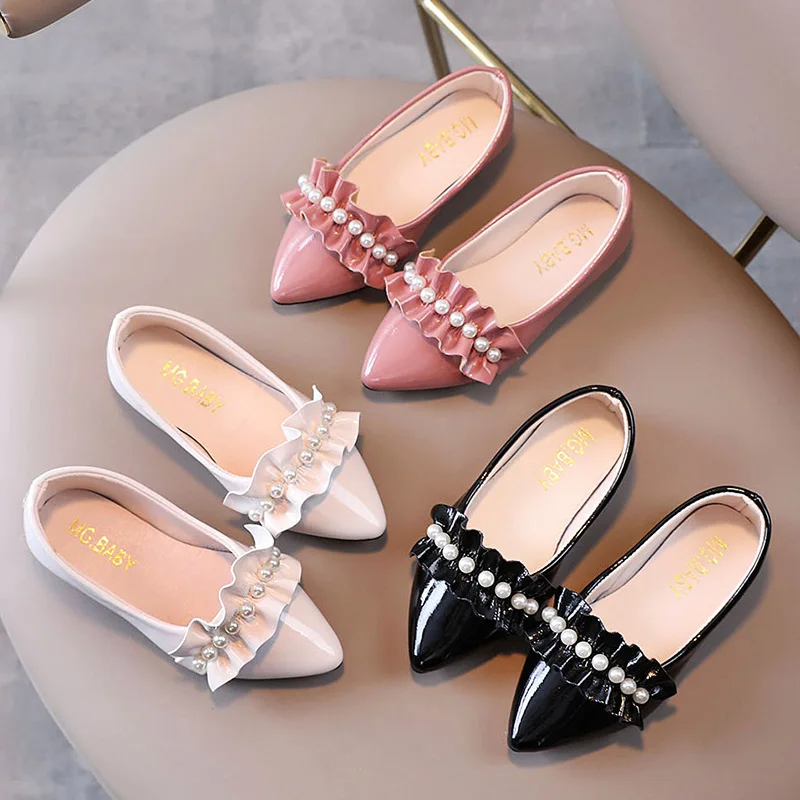 

Туфли-оксфорды для девочек, заостренный носок, кожаные, жемчуг, плоская подошва, мягкая повседневная обувь для маленькой девочки, весна-осен...