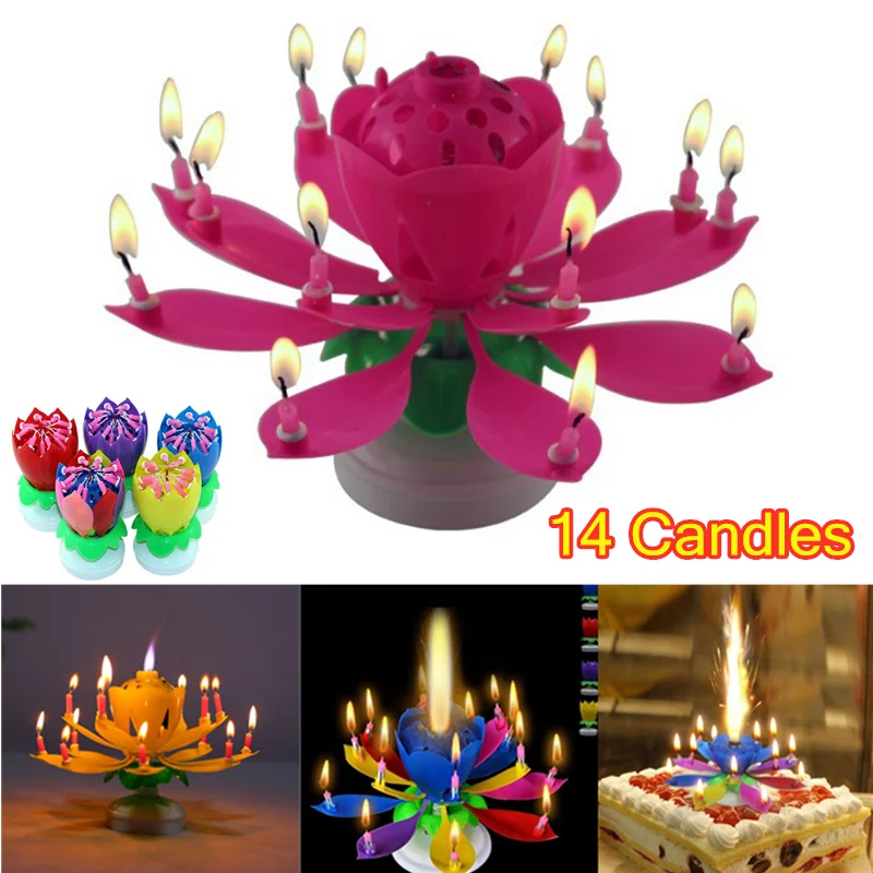 Buy New Birthday Cake Music Candles with 14 Lotus Flower Christmas Festival Decorative Wedding Party Decoration on
