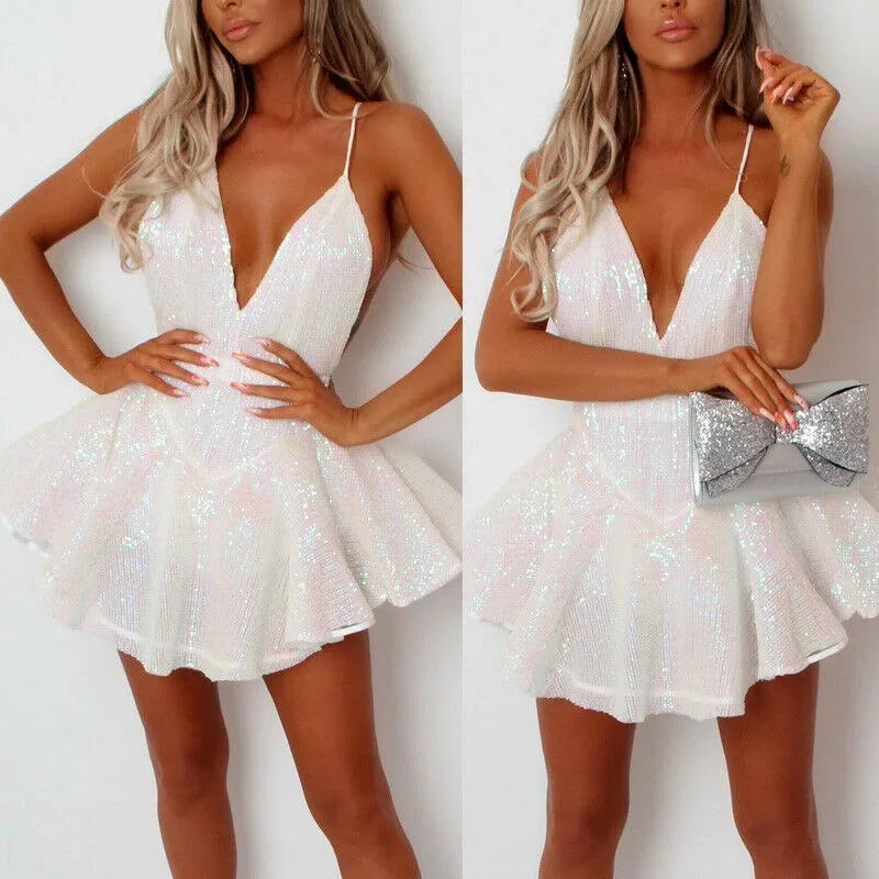 Сексуальное платье с глубоким v образным вырезом женское блестящее мини без
