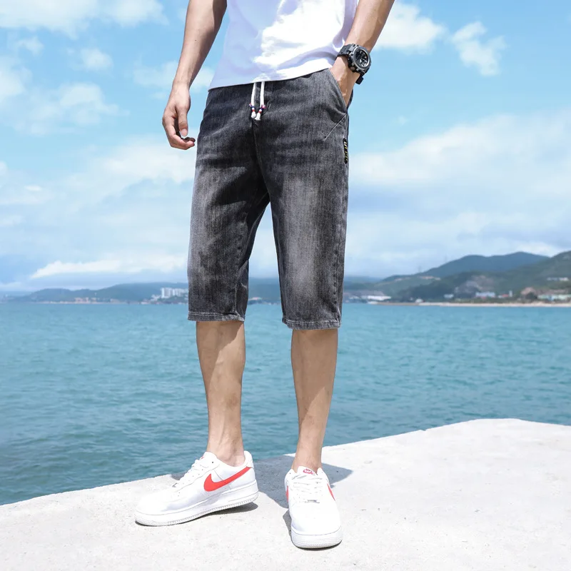 

Drawstring Pants men's breeches denim shorts loose straight men's pants casual summer thin teenagers Cropped trousers