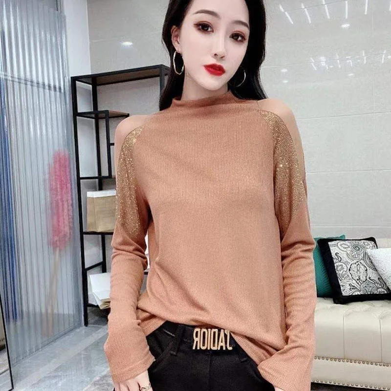 Women Autumn Winter Sexy Tulle Patchwork Transparent Shirts Lady Casual Turtleneck Diamonds Base Tshirts Long Sleeve  Mujer Tops