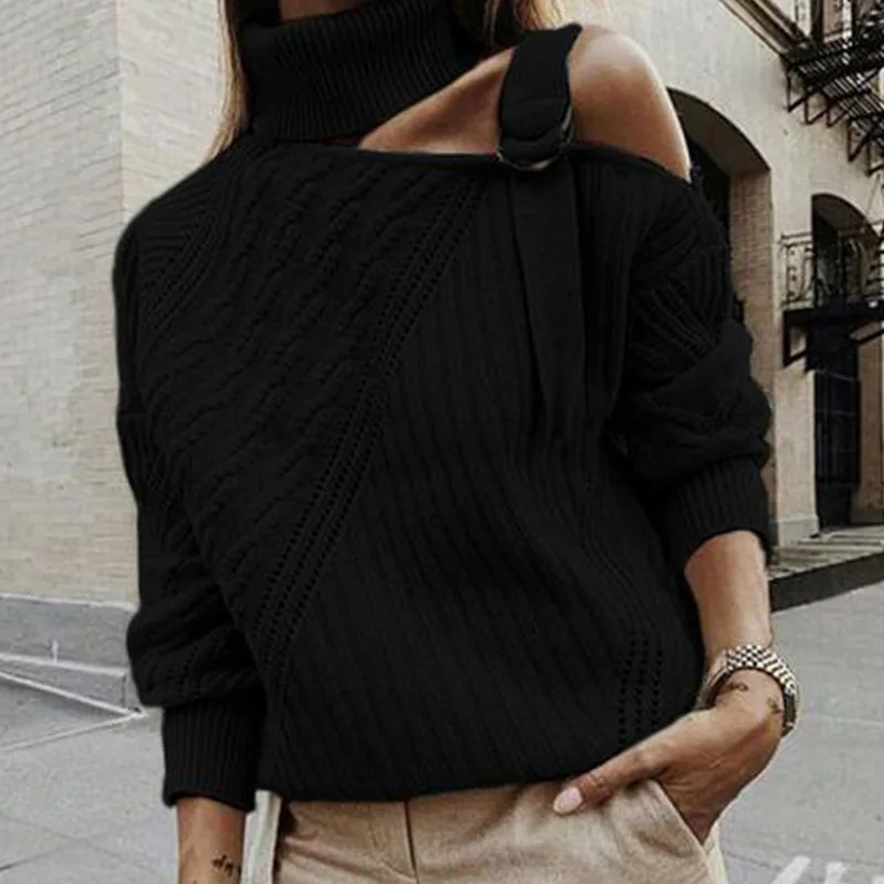 

Patchwork Turtleneck Sweater Women Sexy Off Shoulder Color Block Knitted Sweaters Batwing Long Sleeve Pullover Tops 2019 Autumn