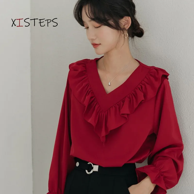 

Ruffled Chiffon Blouses Women 2021 White Black Red Female OL Style Blouses Office Lady Casual Clothes V-neck Puff Sleeve Clothes