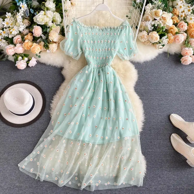 Summer women's dress small daisy collar super fairy sweet net yarn gentle wind beach wind long skirt