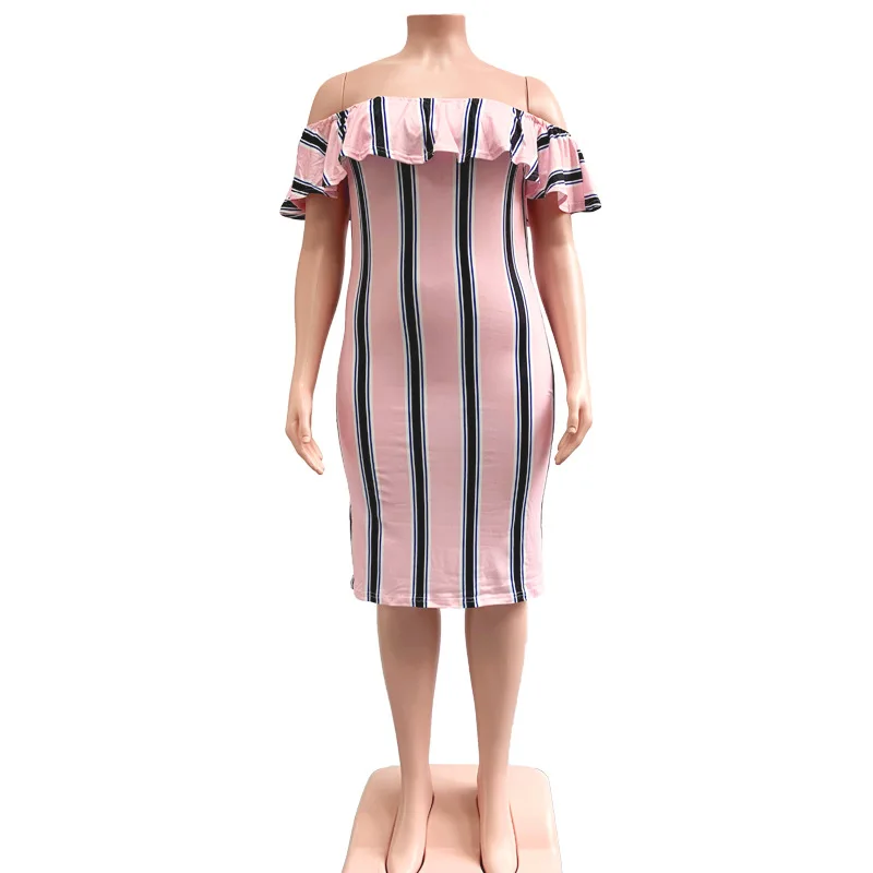 

5XL Plus Size Casual Striped Short Sleeve Slash Neck Pencil Dresses For Women Fashion New Floral Print Elegant Office Lady Dress