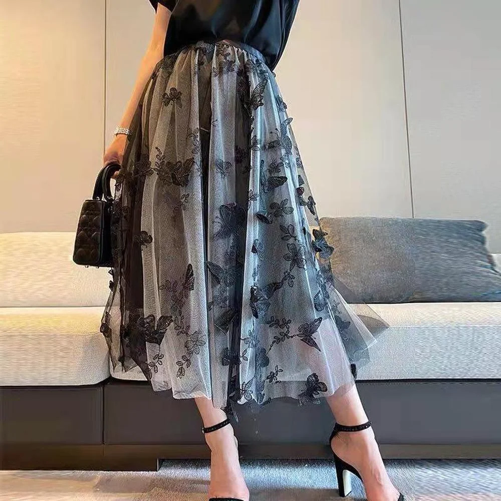 

2022 New Summer Mesh A-Line Elastic High Waist Tulle Pleated Skirts Ladies Chic Butterfly Embroidery Knee-Length Jupe