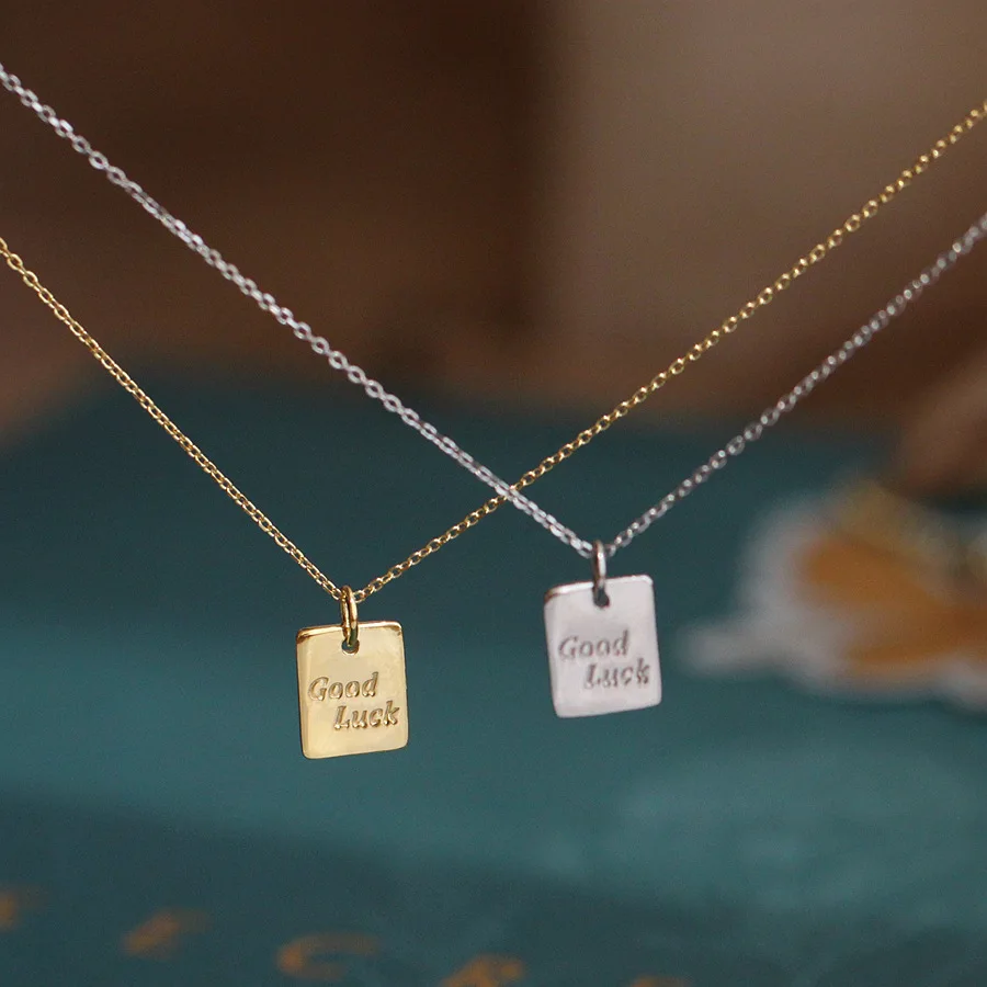 

S925 whole body sterling silver engraved with the word "goodluck" square tag necklace chic simple style wild style