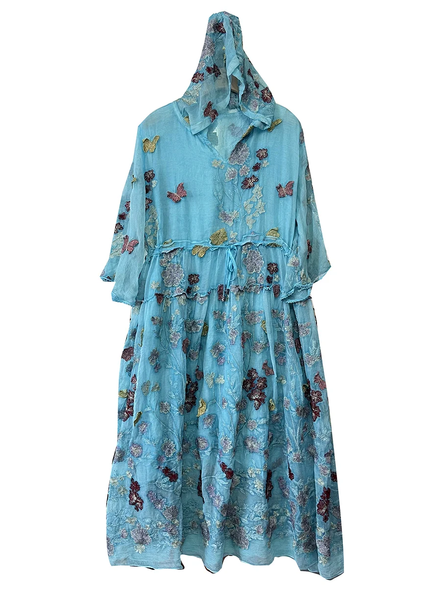 

Silk embroidered dressLoose and thinHigh end temperamentHoodedgraceBeach HolidayRetroMedium length skirt
