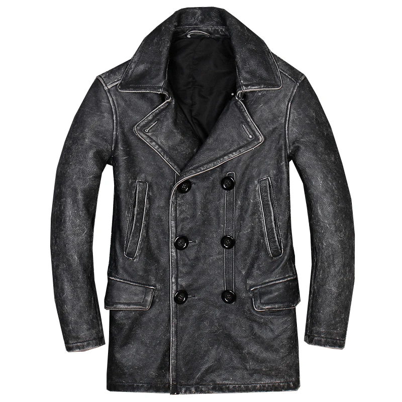 

New Men's 2020 Genuine leather jacket mens Western style medium long windbreaker Vintage business leisure top cow leather coat