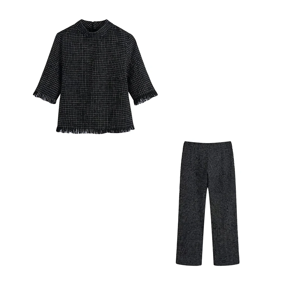 

DYLQFS 2021 твидовый женский винтажный комплект из двух предметов черная клетчатая Тонкая блузка с кисточками женская уличная одежда с высокой ...