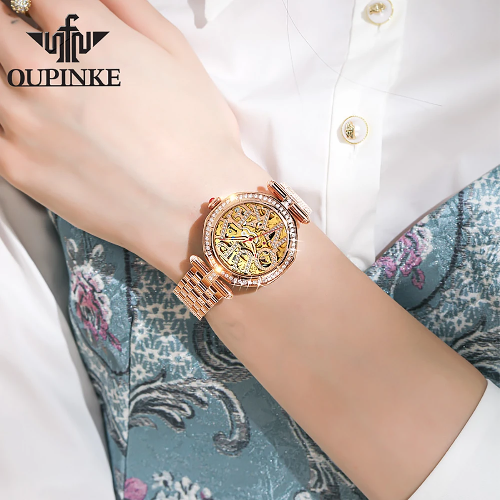 

OUPINKE 3175 Fashion Ceramic Steel Belt Rose Gold Automatic Mechanical Hollow Fashion Trend Ladies Watch