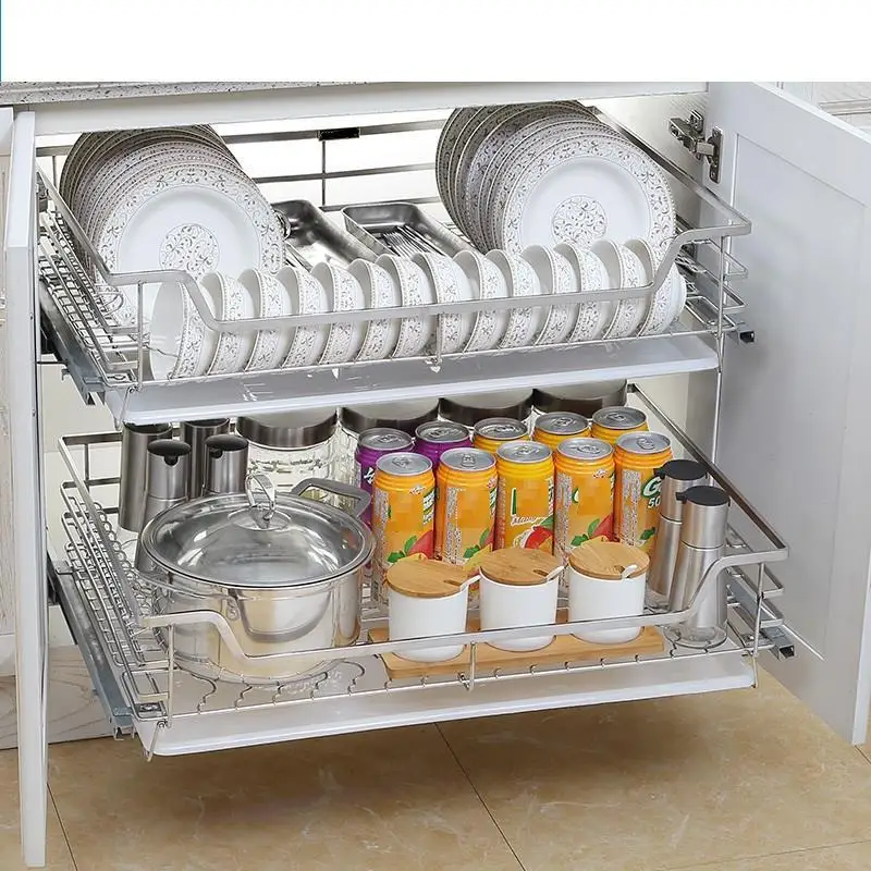 

Dish Organizer Cestas Corredera Alacena Organizar Pantry Stainless Steel Cuisine Cocina Rack Kitchen Cabinet Storage Basket