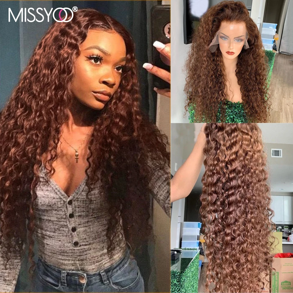

MISSYOO Brown deep curly Human Hair Wig 4x4 Lace Closure Wig With Baby Hair For Women Brazilian Remy Colored 13x4 Lace Front Wig