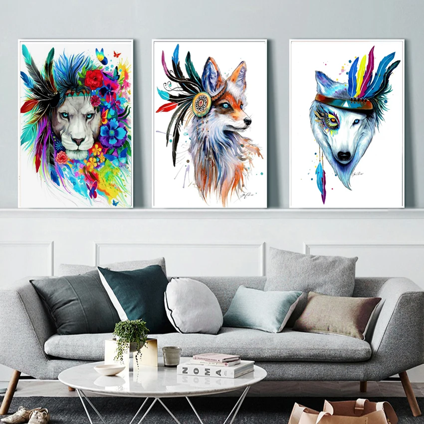 Акварельный лев настенное искусство холст абстрактные животные поп граффити