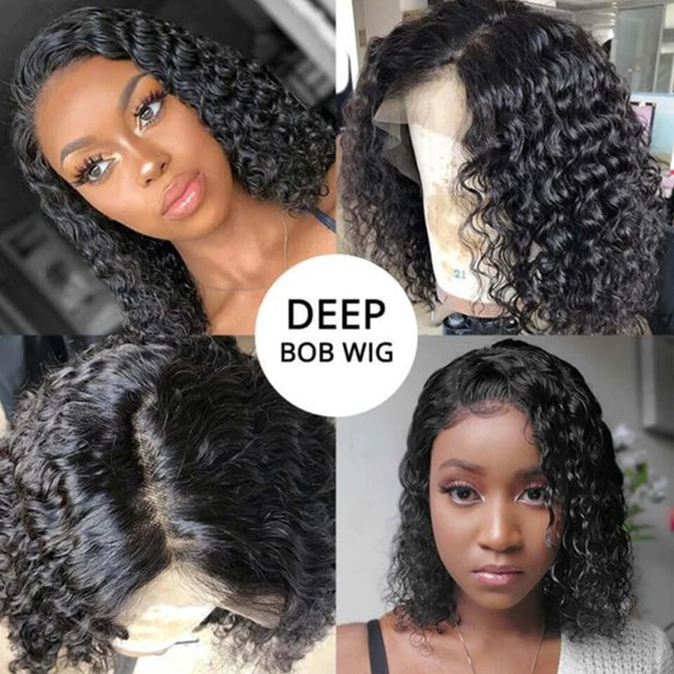 100% человеческие волосы с глубокой волной Боб парики на шнуровке 4x4 женские