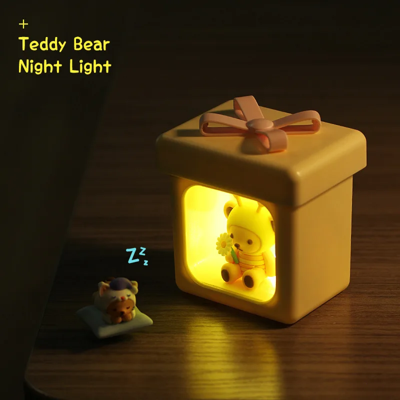 Creative Cartoon Gift Box Teddy Bear Night Light Children's Bedroom Bedside Sleep Soft Light Rechargeable Atmosphere Night Light