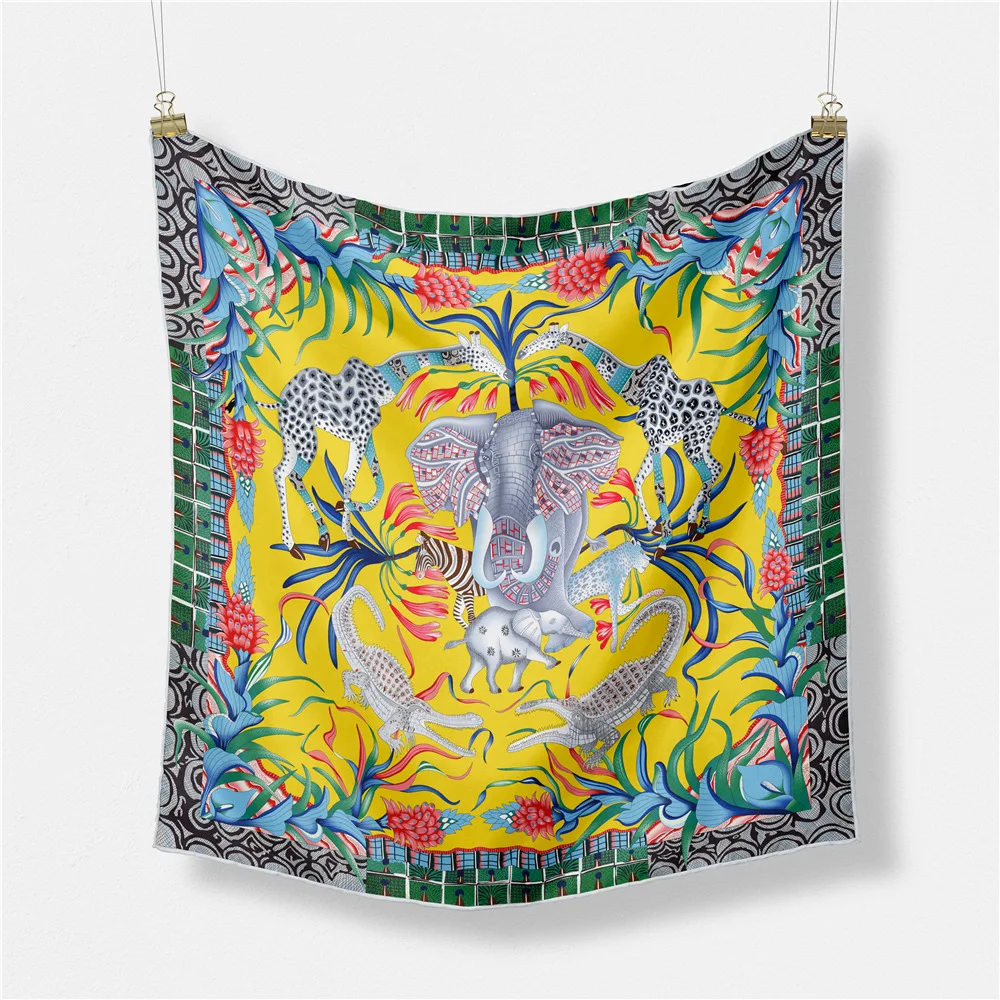 

53cm Animal kingdom elephant giraffe Square Design Horse Luxury Silk Women Scarf Bandana Headband Fashion Hijab Neckerchief