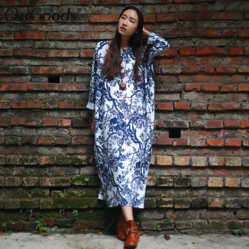 Женское платье с длинным рукавом свободного покроя из хлопка и льна|loose summer