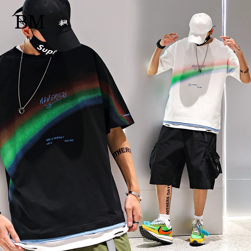 Футболка мужская с радужным принтом модная свободная хлопковая рубашка круглым