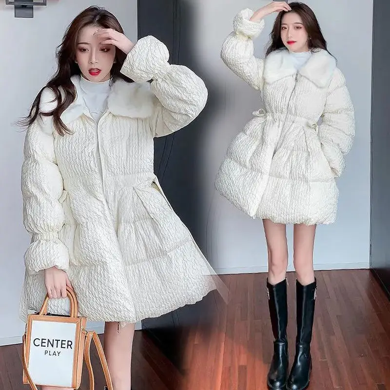 

2021 New Style Winter Waist Slim Loose Korean Style Collar Fashion Jacket Long Section Sleeve Warm Pure Color Down Cotton Coat