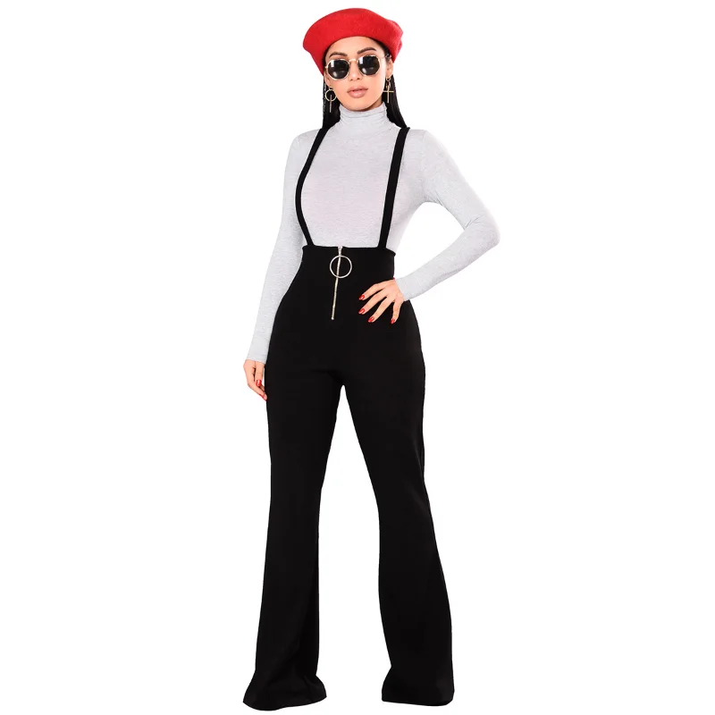 

Women Trousers High Waist Large Round Buckle Pants Zipper Flared Leg Suspenders Sweatpants Female Retro Streetwear Lady black
