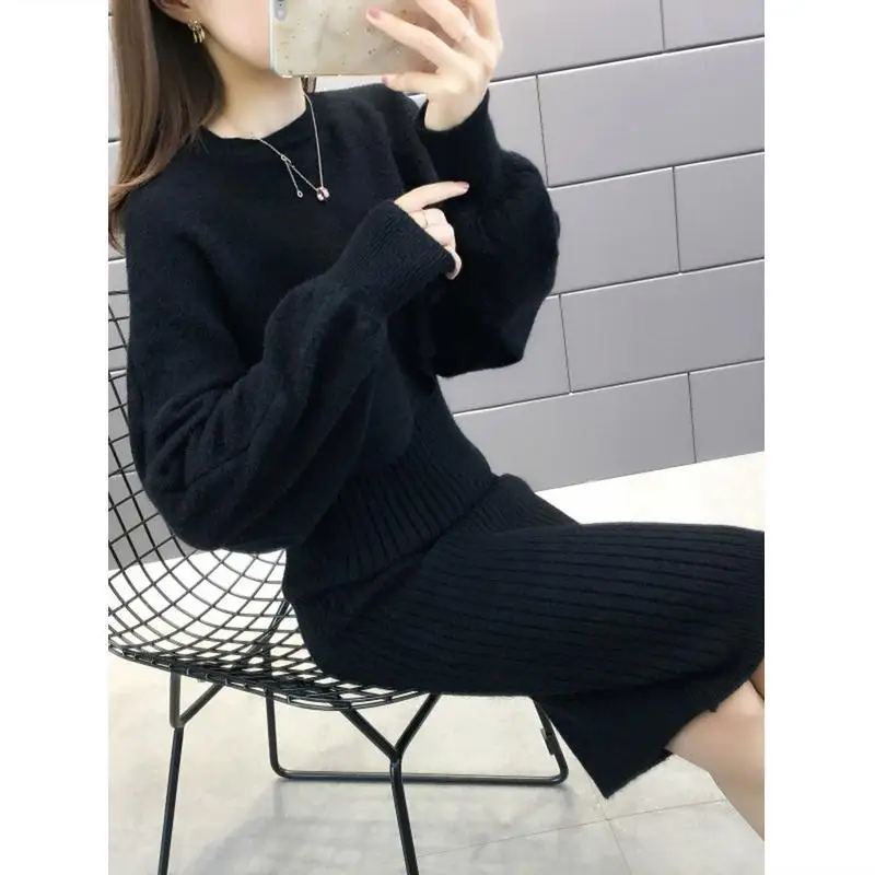 

2021 Sweater Dresses Women Sets Outfits O-Neck Cropped Pullover Knitted Camisole Dress Two Piece Set Korean Style Y289