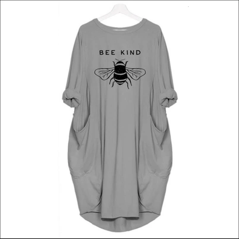 Women's Midi Dress Long Sleeve T Shirt Dresses Bee Kind Print Loose Pocket Casual Vintage Vestidos Robe Femme Autumn