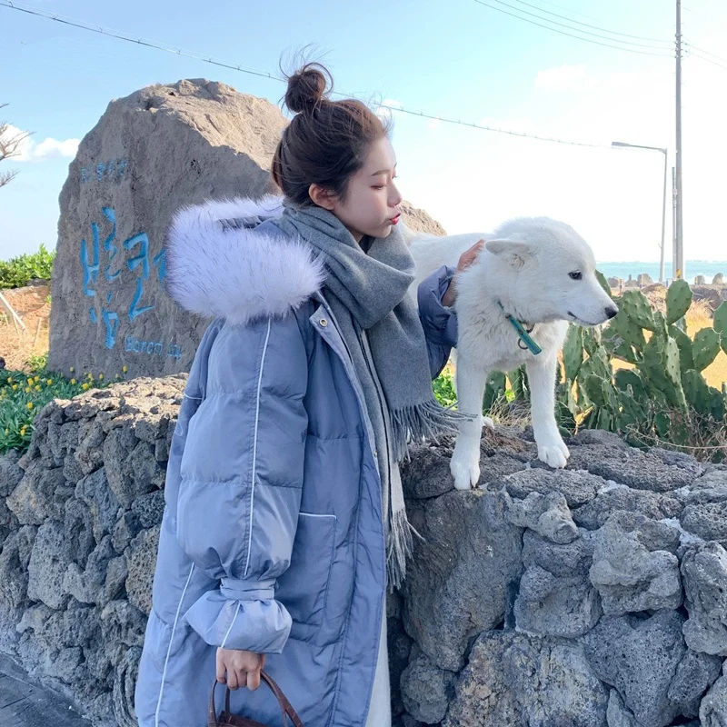 

Зимнее длинное пальто с большим меховым воротником, Женская длинная модная верхняя одежда оверсайз с подкладкой, толстые теплые свободные ...