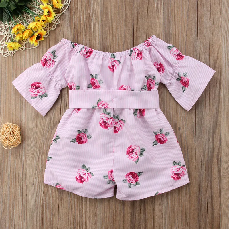 Children Toddler Kids Clothes Baby Girls Floral Printed Romper Off Shoulder Flare Sleeve Bow Striped Jumpsuit Playsuits Outfits | Детская